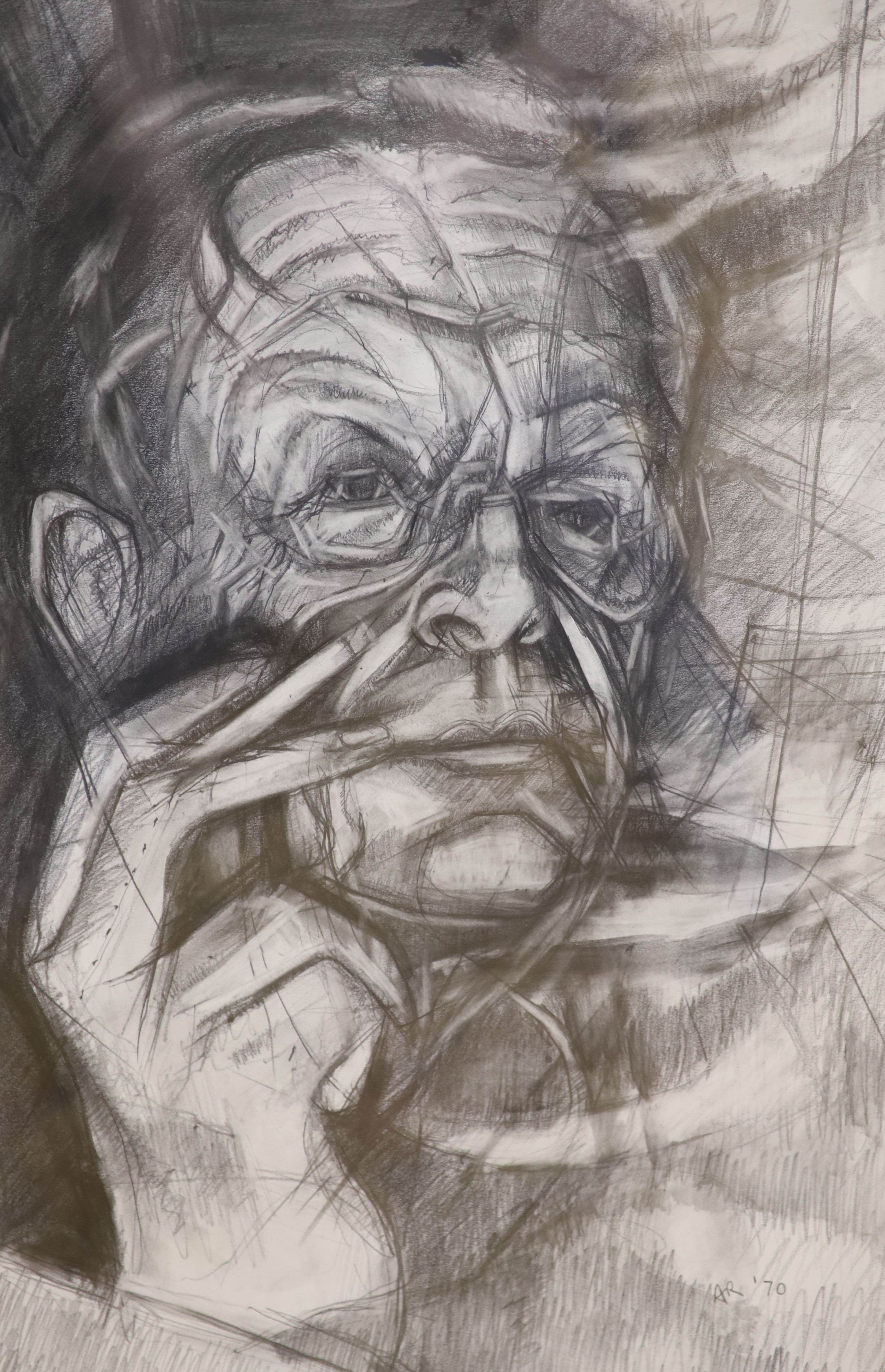 Anthony Rossiter (1926-2000), charcoal drawing, Auden relaxing, signed and dated 70, with Exhibition label verso, 53 x 36cm